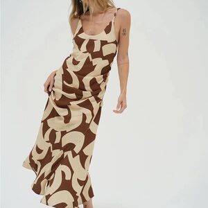 LNA Fareni Dress Brown and Cream Abstract Midi Dress